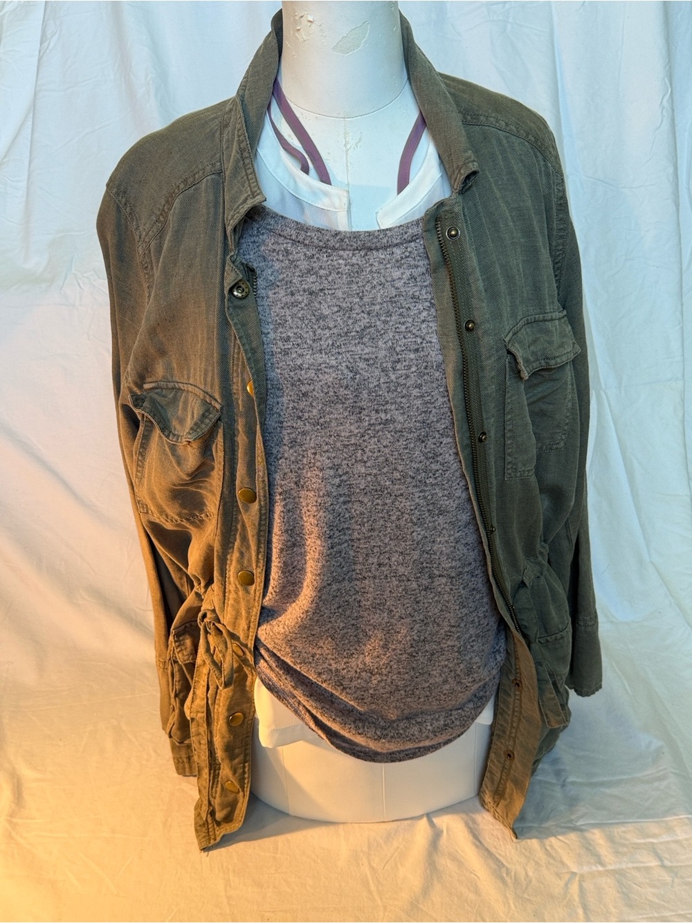 C&C California-Olive Green Linen/Lyocell Utility Jckt w/Drawstring Waist- Sz M